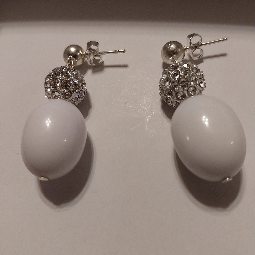 New beautiful faux white oval and silver crystal ball earrings
